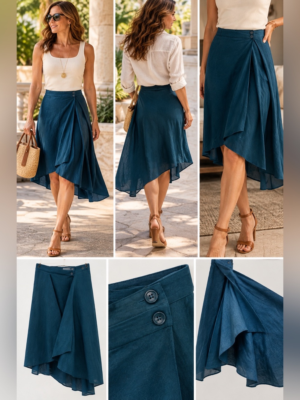Soleil Deep Teal Linen Blend Asymmetrical Wrap Skirt EU 38 US 8